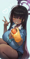 1girl absurdres black_hair blue_archive blue_cardigan blush breasts cardigan cleavage commentary_request corn_dog dark-skinned_female dark_skin food highres holding holding_food karin_(blue_archive) karin_(school_uniform)_(blue_archive) large_breasts long_hair looking_at_viewer mamo_(user_jjca7524) shirt simple_background smile solo thighs very_long_hair white_background white_shirt