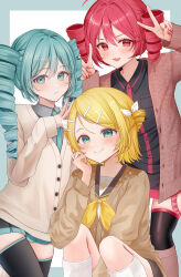 3girls absurdres aqua_eyes aqua_hair aqua_necktie black_shirt black_skirt black_thighhighs blonde_hair blush border brown_jacket closed_mouth drill_hair frown hair_between_eyes hair_ornament hairclip hatsune_miku highres hisui_ame jacket kagamine_rin kasane_teto long_hair long_sleeves looking_at_viewer multiple_girls neckerchief necktie open_mouth red_eyes red_hair shirt simple_background skirt smile socks thighhighs twin_drills utau vocaloid white_socks yellow_neckerchief