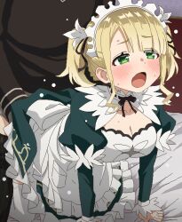 1boy 1girl all_fours blonde_hair breasts cleavage clothed_sex commentary_request doggystyle ellie_walker green_eyes hetero koujo_denka_no_katei_kyoushi large_breasts maid maid_headdress open_mouth sex sex_from_behind short_hair solo_focus sweat tomu_(tomubobu)