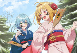 Rule 34 | 2girls, ahoge, anime coloring, blonde hair, blue hair, blue kimono, blush, braid, breasts, cloud, cone hair bun, crying, drawing on another&#039;s face, facepaint, flower, green eyes, hagoita, hair between eyes, hair bun, hair ornament, hanetsuki, hikikomari kyuuketsuki no monmon, japanese clothes, kimono, long sleeves, looking back, multiple girls, new year, obi, open mouth, outdoors, paddle, paintbrush, pink kimono, red eyes, sash, shitaya tomoyuki, sky, smile, tearing up, tears, terakomari gandezblood, tree, upper body, villhaze