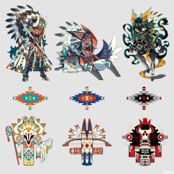 3boys animal animal_ears blue_hair brown_eyes chibi dark-skinned_male dark_skin dreamcatcher edarow fake_animal_ears fake_horns fake_tail fangs full_body green_hair grey_background headdress hoof_shoes horned_headwear horns jaguar_ears jaguar_tail long_hair male_focus multiple_boys native_american native_american_headdress original pelvic_curtain simple_background skeletal_arm tail very_long_hair wolf