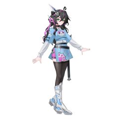 Rule 34 | 1girl, absurdres, ahoge, alternate eye color, alternate hair color, animal print, belt, black hair, boots, bow, breasts, cat print, choker, commission, commissioner upload, crossed bangs, eyelashes, full body, green eyes, hair bow, hair ornament, highres, hood, hood down, hoodie, light smile, long bangs, long hair, long sleeves, looking at viewer, mechanical ears, multicolored hair, multiple belts, non-web source, original, petite, pink streaks, rhan, skirt, small breasts, streaked hair, thighhighs, thighs, transparent background, wavy hair, zipper