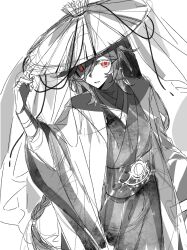 1boy bandaged_fingers bandages bracer character_request chinese_clothes chinese_commentary commentary_request cowboy_shot eyelashes greyscale hair_between_eyes hand_on_headwear hanfu long_sleeves mismatched_sclera monochrome parted_lips qing736251 red_eyes robe simple_background sketch smile solo spot_color veil weimao white_background wide_sleeves wuwei_you_chu_you_hai_wu