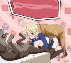 1girl animated ass black_necktie black_pantyhose blonde_hair blue_eyes blush bouncing_breasts breasts clothes_lift clothes_pull darjeeling_(girls_und_panzer) dog doggystyle fellatio girls_und_panzer large_breasts microskirt necktie nipples no_bra oral pantyhose pantyhose_pull panzerhound school_uniform sex sex_from_behind shirt_lift simple_background skirt skirt_lift st._gloriana&#039;s_school_uniform vaginal video