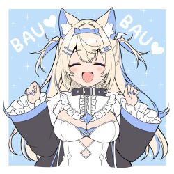 1girl black_coat blonde_hair blue_background blue_hair blush border breasts cleavage coat dress fang fuwawa_abyssgard fuwawa_abyssgard_(1st_costume) hololive hololive_english kuronekoron multicolored_hair open_mouth simple_background skin_fang smile solo streaked_hair tongue two-tone_hair two_side_up upper_body virtual_youtuber white_border white_dress