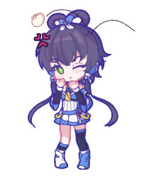 Rule 34 | 1girl, asymmetrical legwear, bare shoulders, black socks, black thighhighs, blue shoes, chibi, chinese commentary, detached sleeves, food, full body, green eyes, grey hair, hair ornament, hair rings, long hair, looking at viewer, luo tianyi, luo tianyi v3, one eye closed, pixel art, pleated skirt, pointzhu, shoes, short hair with long locks, simple background, skirt, socks, solo, standing, steamed bun, thighhighs, twintails, uneven legwear, vocaloid, vsinger (vocaloid), white background, white shoes