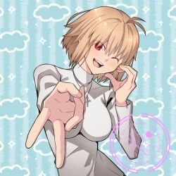1girl arcueid_brunestud blue_background breasts cowboy_shot half-heart_hands highres hirakawa jewelry large_breasts one_eye_closed open_mouth pendant red_eyes simple_background smile solo sweater teeth tsukihime tsukihime_(remake) upper_body upper_teeth_only v white_sweater