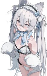 1girl absurdres animal_ears animal_hands bandaid bandaid_on_face bandaid_on_nose bare_shoulders blue_bow blue_eyes bow bra breasts cat_ears cat_tail cleavage cowboy_shot frilled_bra frilled_panties frills gloves grin hair_between_eyes hair_ribbon headdress highres long_hair looking_at_viewer navel original panties paw_gloves ribbon simple_background small_breasts smile solo soya_(torga) tail tail_around_own_leg twintails underwear very_long_hair white_background white_bra white_hair white_panties