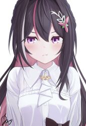 1girl :t absurdres ascot averting_eyes azki_(4th_costume)_(hololive) azki_(hololive) black_hair blush collared_dress colored_inner_hair commentary_request double-parted_bangs dress facing_viewer hair_between_eyes hair_ornament hairclip half_updo highres hishaku_(7stel2ar) hololive long_hair long_sleeves mole mole_under_eye multicolored_hair official_alternate_costume pink_hair pout purple_eyes solo streaked_hair upper_body very_long_hair virtual_youtuber white_ascot white_dress white_hair
