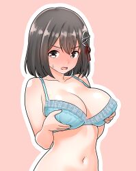 1girl absurdres black_hair blue_bra blush bob_cut bra breasts collarbone commentary_request furaggu_(frag_0416) grabbing_own_breast haguro_(kancolle) highres kantai_collection large_breasts looking_at_viewer meme navel next_time_you&#039;re_getting_this_(meme) open_mouth pink_background short_hair simple_background solo stomach tongue underwear underwear_only upper_body
