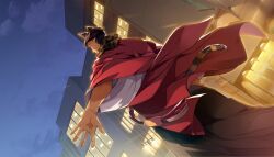 1boy animal_ear_fluff animal_ears black_pants braid brown_hair building cat_boy cat_ears cat_tail checkered_clothes checkered_scarf closed_mouth clothing_request cloud dark_skin g_yuusuke game_cg highres long_tail male_focus multicolored_hair multicolored_scarf nekopara nekopara_-_catboys_paradise night non-web_source official_art orange_hair outdoors outstretched_hand pants sage_(nekopara_-_catboys_paradise) scarf serious short_hair standing striped_hair striped_tail tail window