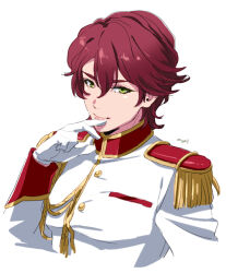 Rule 34 | 1girl, crossdressing, earrings, eemu, epaulettes, green eyes, hiiragi akira (valkyrie drive -mermaid-), jacket, jewelry, long sleeves, looking at viewer, military jacket, red hair, reverse trap, short hair, simple background, smile, solo, valkyrie drive, valkyrie drive -mermaid-, white background