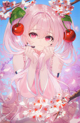 1girl :3 absurdres bare_shoulders blue_sky cherry cherry_blossoms collared_shirt commentary day detached_sleeves double-parted_bangs flower food food-themed_hair_ornament fruit grabbing_own_hair hair_between_eyes hair_ornament hatsune_miku highres holding leaf light_smile long_hair looking_at_viewer necktie outdoors petals pink_eyes pink_hair pink_skirt pink_sleeves pink_theme pleated_skirt sakura_miku shirt shoulder_tattoo skirt sky smile solo tattoo twintails very_long_hair vocaloid white_shirt wute5733