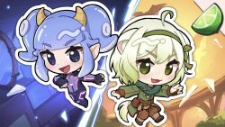 2girls ahoge alternate_costume animal_ears belt bridge brown_pants chibi chibi_only fantasy ferret_ears ferret_girl ferret_tail fingerless_gloves food fruit gloves gradient_hair gradient_tail green_eyes green_hair green_scarf green_tail green_tunic hackerling hairband horns indie_virtual_youtuber laimu_(vtuber) lime_(fruit) lime_slice monster_girl multicolored_hair multicolored_tail multiple_girls official_art pants purple_eyes purple_hair reimitsuki scarf science_fiction scylla skin_tight split_fiction star_(symbol) star_ornament star_sticker tail tentacle_hair tree tunic two-tone_hair two-tone_tail utility_belt vinesauce virtual_youtuber white_hair white_tail