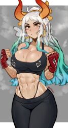 Rule 34 | 1girl, abs, ahoge, alternate costume, aqua hair, breasts, cleavage, clenched hands, closed mouth, cowboy shot, crotch seam, curled horns, earrings, fingerless gloves, gloves, green hair, grey hair, hair ornament, hair stick, hands up, highleg, highleg panties, highres, hoop earrings, horns, jewelry, large breasts, leggings, long hair, looking at viewer, low neckline, multicolored hair, multicolored horns, navel, one piece, oni, orange horns, panties, panty straps, red horns, smile, solo, sports bra, sportswear, steaming body, stomach, sweat, toned, toned female, underwear, very long hair, waki (w4kih), yamato (one piece), yellow eyes, yellow horns