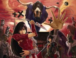 2girls alice:_madness_returns alice_(alice_in_wonderland) alice&#039;s_adventures_in_wonderland alice_liddell_(american_mcgee&#039;s_alice) american_mcgee&#039;s_alice american_mcgee&#039;s_alice armor black_hair blood carpenter_(alice_in_wonderland) castle caterpillar_(alice_in_wonderland) crown dantewontdie dollmaker dress elizabeth_liddell artistic_error green_eyes hat highres knife lips long_hair mad_hatter_(alice_in_wonderland) march_hare_(wonderland) mock_turtle multiple_girls queen_of_hearts_(alice_in_wonderland) signature sky spoilers top_hat walrus_(alice_in_wonderland)