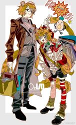 Rule 34 | 1boy, 1girl, animal ears, bag, belt, blonde hair, brown coat, burger, coat, food, full body, glasses, hair between eyes, hand in pocket, hand on own knee, handbag, highres, holding, holding bag, jacket, letterman jacket, long coat, long sleeves, loose socks, multicolored jacket, open clothes, open jacket, open mouth, original, pants, paper bag, plastic bag, shopping bag, short hair, shorts, simple background, single sock, smile, socks, standing, striped clothes, striped socks, tail, thigh belt, thigh strap, tiger boy, tiger ears, tiger girl, tiger tail, trench coat, turtleneck, two-tone jacket, yanghua gaizi, yellow eyes