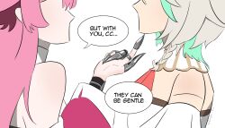 animal_ears cecilia_immergreen english_text highres hololive hololive_english kaje_zu long_hair multicolored_hair multiple_girls pink_hair raised_chin raora_panthera raora_panthera_(1st_costume) virtual_youtuber