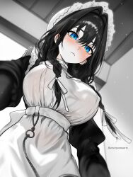 1girl absurdres apron blue_eyes blush braid breasts covered_erect_nipples dress hair_intakes hair_ribbon harutoyumaarts hat highres hololive hololive_english large_breasts long_hair low_twin_braids maid maid_apron mob_cap official_alternate_costume official_alternate_hairstyle ouro_kronii ouro_kronii_(maid) partially_colored ribbon solo twin_braids virtual_youtuber