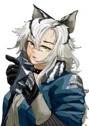 1girl absurdres animal_ears arknights black_collar black_gloves black_hair blue_jacket brass_knuckles collar commentary english_commentary facial_scar gloves hair_between_eyes hair_intakes highres indra_(arknights) jacket layutoum long_hair looking_at_viewer multicolored_hair parted_lips scar scar_on_cheek scar_on_face scar_on_nose simple_background solo spiked_knuckles streaked_hair studded_collar upper_body weapon white_background white_hair yellow_eyes