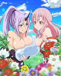 Rule 34 | 1other, 2girls, :t, ao (korindou), black horns, blue sky, blurry, blurry foreground, breast press, breasts, cleavage, clothes down, cloud, convenient censoring, eye contact, flower, high ponytail, horns, jacket, japanese clothes, kimono, large breasts, long hair, looking at another, medium breasts, multiple girls, oni, pink hair, ponytail, purple eyes, purple flower, purple hair, purple jacket, red eyes, rimuru tempest (slime), shiny skin, shion (tensura), shuna (tensura), single horn, sky, slime (creature), smile, tensei shitara slime datta ken, white flower, white horns, white kimono, yellow flower