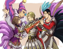 4boys anger_vein angry annoyed arm_up armor black_hair blonde_hair blue_eyes border brown_background brown_hair clenched_hands clenched_teeth clown clown_nose commentary_request cowboy_shot dragon_quest dragon_quest_xi earrings facial_hair feathers green_pants greig_(dq11) grey_eyes hair_over_one_eye hair_slicked_back hero_(dq11) holding holding_instrument homeros_(dq11) instrument instrument_request janis_(hainegom) jewelry knight leggings locked_arms long_hair looking_at_another low_ponytail male_focus medium_hair multiple_boys music official_alternate_costume pants playing_instrument ponytail profile purple_facial_hair purple_hair purple_vest red_shirt shirt striped_clothes striped_jumpsuit stud_earrings sylvia_(dq11) teeth trembling tunic vest white_border white_leggings white_tunic yellow_eyes