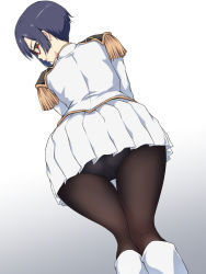10s 1girl ass bent_over blue_hair boots female_focus from_behind glasses highres looking_back oonaka_ito panties panties_under_pantyhose pantyhose parted_lips red-framed_eyewear red_eyes shigure_kasumi short_hair skirt solo underwear upskirt valkyrie_drive valkyrie_drive_-mermaid-