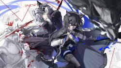 Rule 34 | 2girls, absurdres, animal ears, aqua eyes, arknights, back-to-back, black boots, black coat, black gloves, black hair, black pantyhose, blood, bloody weapon, bolo tie, boots, chinese commentary, chino (user zdyd2447), closed mouth, coat, coat on shoulders, commentary request, doctor (arknights), fingerless gloves, fur trim, gloves, hair between eyes, highres, holding, holding weapon, knee boots, lappland (arknights), lappland (refined horrormare) (arknights), long hair, long sleeves, making-of available, multiple girls, official alternate costume, pantyhose, purple eyes, purple gloves, shirt, texas (arknights), texas the omertosa (arknights), weapon, white hair, white shirt, wolf ears, wolf girl