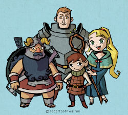 1girl 3boys :d absurdres ambrosia_(dungeon_meshi) armor artist_name beard belt belt_buckle black_belt black_eyes black_pants blonde_hair blue_background blue_capelet blue_robe boots bracer breastplate brown_belt brown_hair brown_shoes buckle capelet chilchuck_tims commentary cooking_pot dungeon_meshi dwarf elf english_commentary expressionless facial_hair fake_horns gorget green_eyes halfling helmet highres holding holding_staff hood hooded_capelet horned_helmet horns laios_touden long_beard long_hair marcille_donato multiple_boys mustache neck_warmer nintendo open_mouth pants parody plate_armor pointy_ears ponytail red_ribbon ribbon robe sabertoothwalrus sandals senshi_(dungeon_meshi) shirt shoes short_hair shoulder_pads smile spatula staff style_parody the_legend_of_zelda the_legend_of_zelda:_the_wind_waker very_long_beard white_pants white_shirt wide_sleeves yellow_eyes