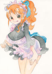 1girl :p absurdres apron back_ribbon bare_legs black_dress blue_ribbon blush breasts brown_eyes closed_mouth clothes_lift commentary_request dress dress_lift earrings feet_out_of_frame frilled_apron frilled_dress frilled_sleeves frills hair_ribbon high_ponytail highres jewelry large_breasts leaning_forward long_hair looking_at_viewer maid maid_apron maid_headdress nami_(one_piece) necklace official_alternate_costume official_alternate_hairstyle one_piece orange_hair pearl_earrings ponytail ribbon simple_background single_sidelock smile tongue tongue_out traditional_media twitter_username white_apron yachiy0