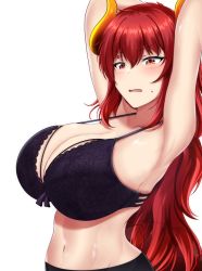 Rule 34 | 1girl, anger vein, armpits, arms behind head, black bra, black shorts, blush, bow, bow bra, bra, breasts, dola (nijisanji), dragon girl, dragon horns, dragon tail, fatetan, frown, hair between eyes, highres, horns, huge breasts, lace, lace-trimmed bra, lace trim, long hair, navel, nijisanji, open mouth, parted lips, red eyes, red hair, shorts, simple background, skindentation, solo, strap gap, tail, underwear, very long hair, virtual youtuber, white background