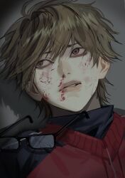 1boy ace_of_diamond black-framed_eyewear blood blood_on_face broken_eyewear brown_hair eoseo88 glasses grey_background high_collar highres lips looking_to_the_side male_focus miyuki_kazuya nosebleed portrait rectangular_eyewear shadow short_hair solo teeth