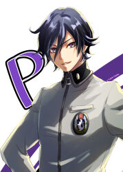 1boy black_hair collared_jacket contrast_collar earrings emblem grey_jacket hair_between_eyes highres jacket jewelry long_sleeves male_focus parted_lips persona persona_1 purple_eyes school_uniform shinabita_nasubi short_hair smile solo st._hermelin_school_uniform toudou_naoya
