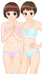 1girl blue_bra blue_panties blush bra breasts brown_eyes brown_hair cameltoe collarbone crotch_seam dedenden_(pixiv30568724) hand_on_own_hip looking_at_viewer navel open_mouth original own_hands_together panties pink_bra pink_panties short_hair small_breasts standing underwear white_background