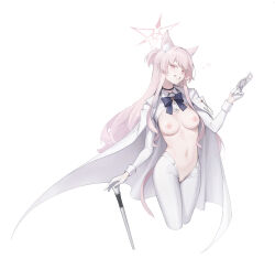 1girl absurdres akira_(blue_archive) animal_ears blue_archive breasts cane cat_ears cat_girl cat_tail cleft_of_venus coat coat_on_shoulders colored_eyelashes commentary_request eye_mask fei_mao gloves grin halo hand_on_cane heart highres holding holding_mask long_hair long_sleeves looking_at_viewer mask medium_breasts meme_attire navel nipples nude ohisashiburi_(style) pants pussy red_eyes revealing_clothes reverse_bunnysuit reverse_outfit ribbon simple_background smile solo spoken_heart standing stomach tail white_background white_eyelashes white_hair white_pants