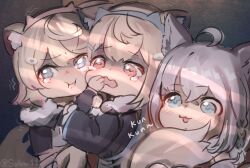 :i :p ahoge animal_ears bandaid bandaid_hair_ornament black_jacket blonde_hair blue_eyes blue_hair blush chibi crying crying_with_eyes_open dog_ears dog_girl dog_tail fox_ears fox_girl fur-trimmed_jacket fur_trim fuwawa_abyssgard fuwawa_abyssgard_(1st_costume) hair_ornament highres hololive hololive_english jacket light_brown_hair long_hair long_sleeves mococo_abyssgard mococo_abyssgard_(1st_costume) multicolored_hair pink_hair red_eyes scared shirakami_fubuki short_hair sobbi11 streaked_hair tail tearing_up tears tongue tongue_out virtual_youtuber wavy_mouth