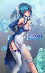 1girl asymmetrical_clothes bad_id bad_pixiv_id blue_hair breasts china_dress chinese_clothes cleavage dress female_focus garter_straps head_wings kanran_demel legs long_hair no_panties pixiv pixiv-tan red_eyes side_slit single_thighhigh snowflakes solo thighhighs thighs white_thighhighs wings