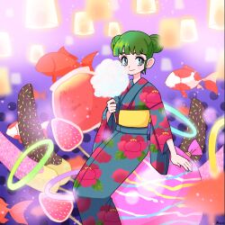 Rule 34 | 1girl, blush stickers, candy apple, chocolate-covered food, chocolate banana, closed mouth, cotton candy, double bun, feet out of frame, floral print, floral print kimono, food, fujishima moyu, green eyes, green hair, grey hair, hair bun, highres, holding, holding cotton candy, holding food, japanese clothes, kimono, koi, lantern, looking at viewer, original, print kimono, short hair, smile, solo, tanghulu, water yoyo, wide sleeves