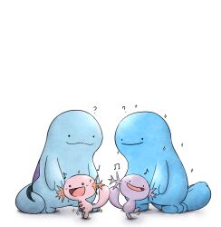 :3 alternate_color dancing ditto gen_1_pokemon gen_2_pokemon highres kashiwa_(3920kashiwa) nintendo no_humans open_mouth pokemon pokemon_(creature) quagsire shiny_pokemon simple_background smile solid_circle_eyes sparkle transformed_ditto white_background wooper