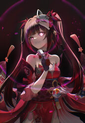 1girl absurdres bare_shoulders bell black_choker black_gloves black_sash breasts brown_hair butterfly-shaped_pupils choker criss-cross_halter dress flower_tattoo fox_mask gloves glowing glowing_eye gun gun_to_head halterneck handgun highres honkai:_star_rail honkai_(series) iricci japanese_clothes long_hair mark_under_both_eyes mask mask_on_head neck_bell obi parted_lips pink_eyes red_dress red_sleeves revolver sash smile snubnosed_revolver solo sparkle_(honkai:_star_rail) symbol-shaped_pupils tattoo twintails very_long_hair weapon