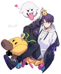1boy 6tnut9 artist_name bandaged_hand bandages black_jacket black_pants black_shoes boo_(mario) closed_mouth collarbone commentary_request crown drawstring ghost go-kart green_eyes hair_between_eyes hand_up heart hood hood_down hoodie jacket jacket_over_hoodie jewelry kenmochi_touya kenmochi_touya_(8th_costume) long_sleeves male_focus mario_(series) mario_kart mario_kart_8 mini_crown necklace nijisanji nintendo off_shoulder open_clothes open_jacket pants parted_bangs purple_hair purple_ribbon ribbon riding sharp_teeth shoes short_hair simple_background sitting sleeves_past_wrists smile sneakers solo teeth tongue tongue_out triangle_necklace virtual_youtuber white_background white_hoodie wild_wiggler