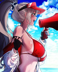 1girl absurdres barcode barcode_tattoo bikini black_gloves blue_sky blush breasts cloud commentary_request day dungeon_and_fighter ella_(dungeon_and_fighter) facial_tattoo fingerless_gloves from_side gloves grey_hair hair_ornament hand_up hat highres holding holding_megaphone horizon jacket jacket_partially_removed korean_commentary large_breasts lifeguard long_hair long_sleeves looking_ahead megaphone navel ocean open_mouth outdoors ponytail red_bikini red_hat roan_green sidelocks sky solo swimsuit tan tanline tattoo upper_body visor_cap white_jacket
