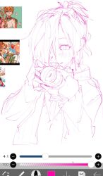 Rule 34 | 1boy, androgynous, blush, camera, closed mouth, commentary, english commentary, highres, holding, holding camera, jibaku shounen hanako-kun, kaligraphy, male focus, minamoto kou, mitsuba sousuke, official art inset, outline, pink outline, screencap, sketch, smile, solo focus, unfinished