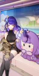 Rule 34 | 1girl, absurdres, alternate costume, bare shoulders, black shirt, black skirt, black thighhighs, breasts, brown jacket, commentary, contemporary, crop top, earrings, flower, genshin impact, hair flower, hair ornament, hand on own knee, highres, indoors, jacket, jelmul, jewelry, large breasts, long hair, looking to the side, midriff, mole, mole under eye, nail polish, off shoulder, on chair, parted lips, purple eyes, purple flower, purple hair, purple nails, raiden shogun, shirt, sitting, skirt, sleeveless, sleeveless shirt, smile, solo, thighhighs, thighs, very long hair