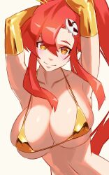 1girl bikini bikini_top_only breasts cleavage collarbone cosplay gloves gold_bikini gold_gloves golden_week golden_week_bikini hair_ornament highres large_breasts long_hair looking_at_viewer navel ponytail red_hair satin_bikini shiny_swimsuit simple_background skull_hair_ornament smile solo stomach swimsuit tengen_toppa_gurren_lagann underboob ura_dora white_background yellow_eyes yoko_littner yoko_littner_(cosplay)