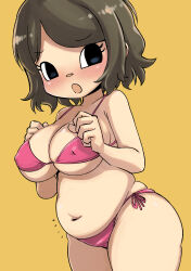 1girl animal_crossing bikini black_eyes blush breasts brown_hair cleavage collarbone covered_erect_nipples embarrassed large_breasts looking_to_the_side muramasa_mikado murana_(muramasa_mikado) nintendo open_mouth orange_background original pink_bikini plump short_hair side-tie_bikini_bottom solo standing swimsuit underboob villager_(animal_crossing)