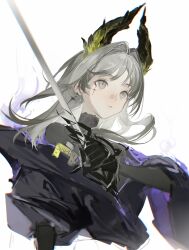 1girl absurdres arknights black_dress black_shirt chinese_commentary chunbuchou commentary_request cross_scar dress gloves grey_eyes grey_hair hair_intakes head_wings highres holding holding_sword holding_weapon irene_(arknights) irene_(the_adjudicatrix_and_her_resolve)_(arknights) long_hair red_pupils scar shirt solo sword turtleneck turtleneck_shirt upper_body weapon white_background wings