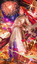 1boy ahoge closed_mouth clothing_request commentary_request dutch_angle egawa_akira fate/grand_order fate_(series) fireworks full_body game_cg indra_no_dai_shiren long_hair long_sleeves male_focus night night_sky official_alternate_costume official_art ponytail rama_(fate) red_eyes red_hair sheath sheathed sky solo standing third-party_source