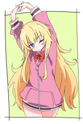 Rule 34 | 1girl, arms up, blonde hair, bow, bowtie, gabriel dropout, gabriel tenma white, green background, ixy, one eye closed, purple eyes, red bow, red bowtie, school uniform, solo, two-tone background, white background, zipper