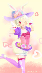 1girl animal_ears anpu_(amppwt) bow dancer disney disneyland easter easter_wonderland end_bunny_(disney) flower frills full_body gloves hair_flower hair_ornament hat high_heels one_eye_closed pantyhose rabbit_ears rabbit_pose short_hair smile solo thighhighs top_hat white_hair